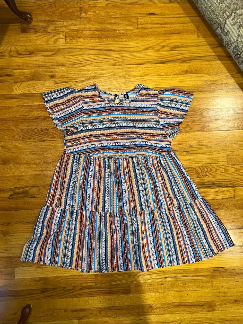 Women’s Tribal Striped Tiered Dress in Blue and Tan